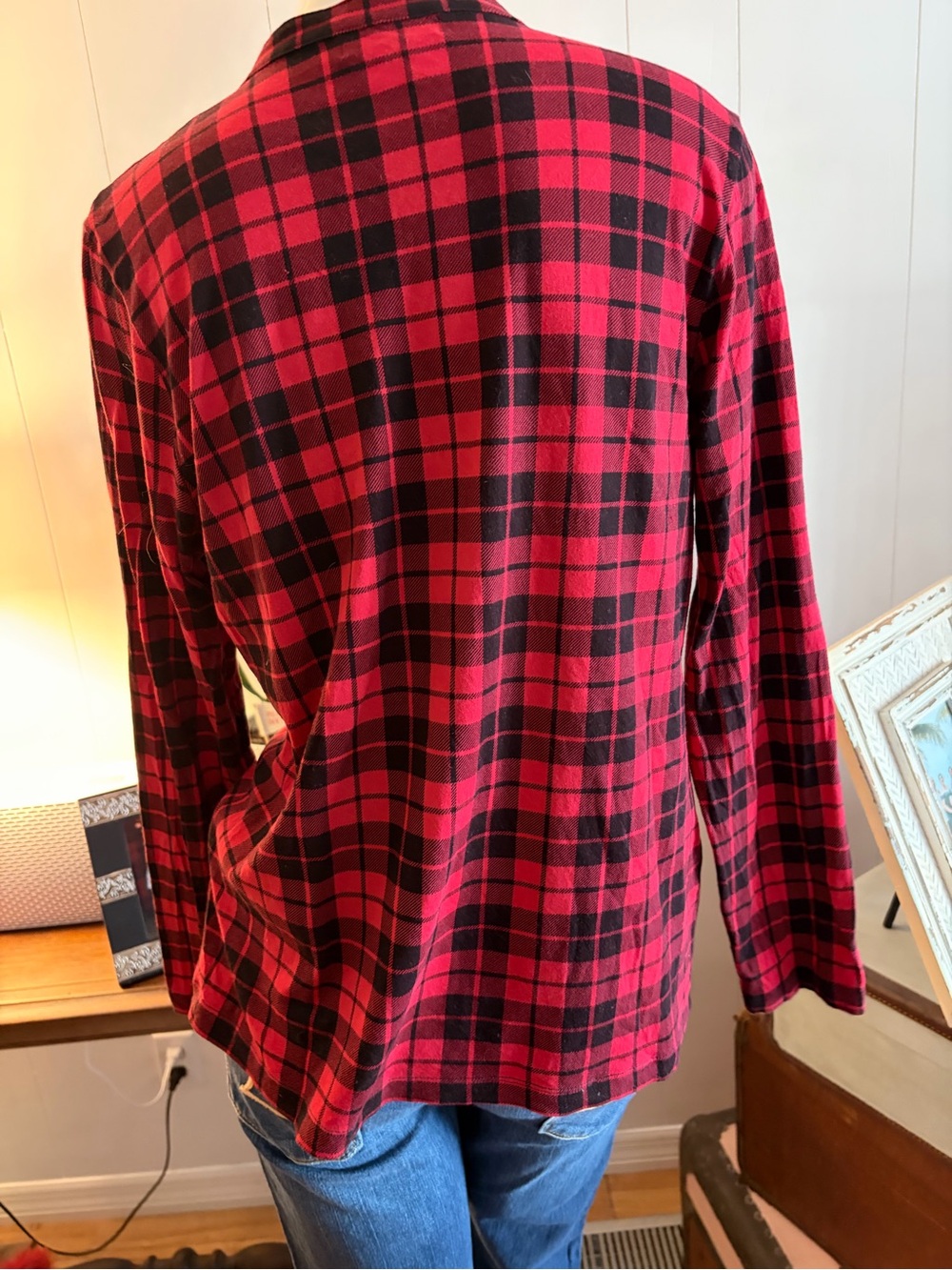 Chaps Red Plaid Ruffle-Trim Long Sleeve Knit Top - Picture 2 of 2